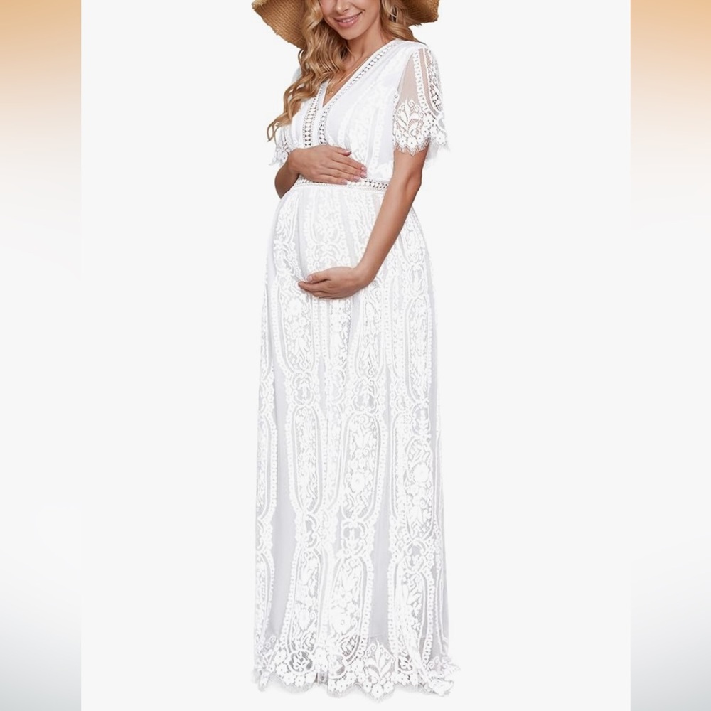 V Neck Floral Lace White Short Sleeve Boho Photoshoot Maternity Dress small
